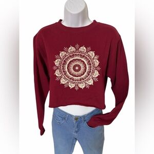 L.A. Hearts Cropped Sweatshirt XS Burgundy Mandala Graphic Boho Y2K Pullover Top